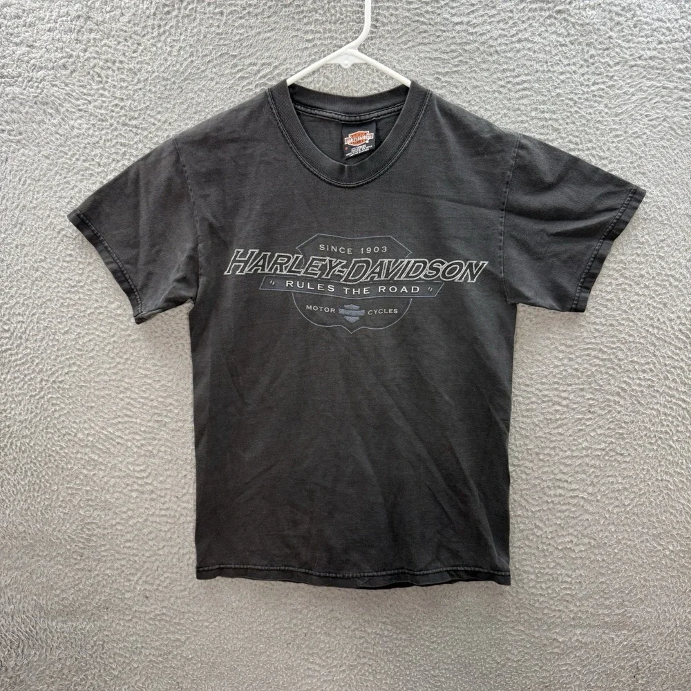 Vintage Harley Davidson Shirt Adult Small Black Biker Grunge Nature Faded USA - Picture 2 of 11